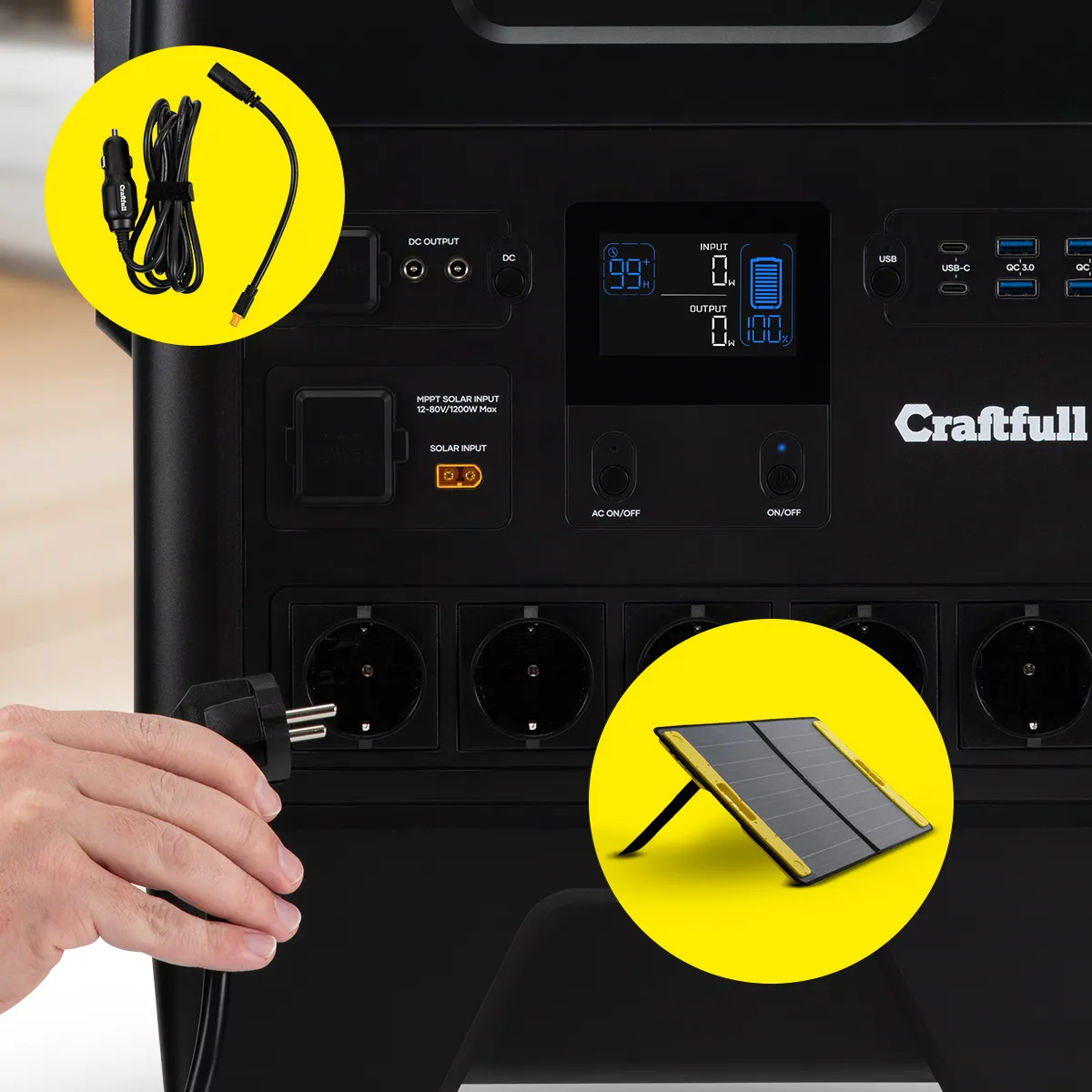 Hand steckt Kabel in Steckdose des Stromspeichers, vergr&ouml;&szlig;ertes Solarpanel und Zigarettenanz&uuml;nder